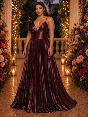 Plunging V-Neck Burgundy Satin Maxi Dress with Pleated Skirt - Women